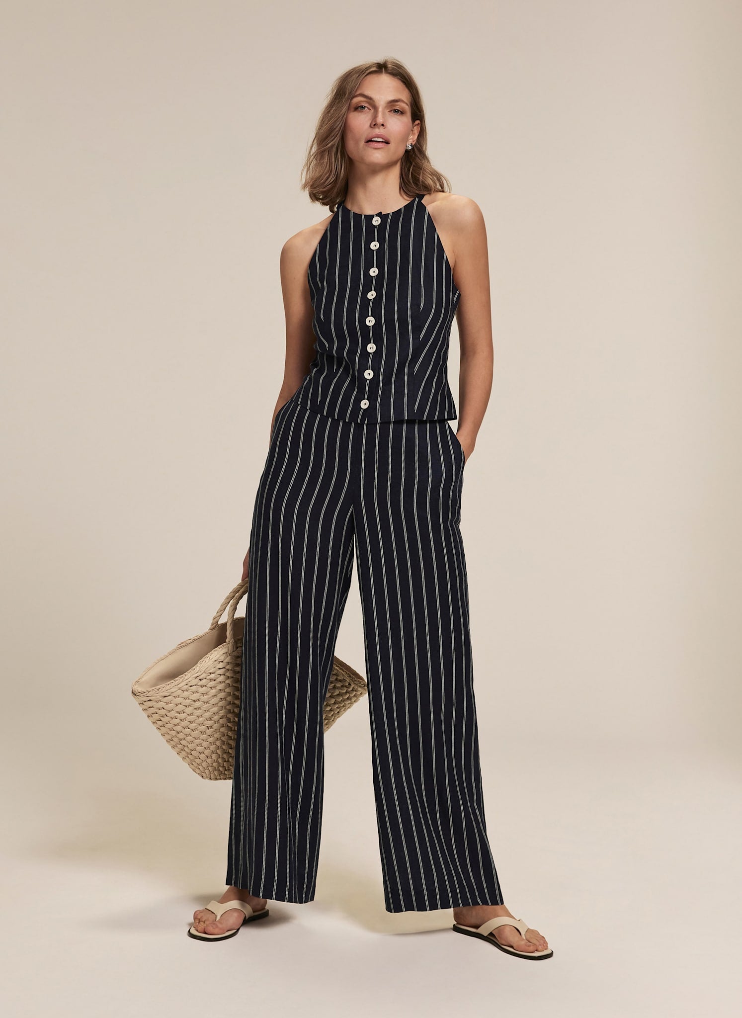 Navy Linen Striped Wide Trousers