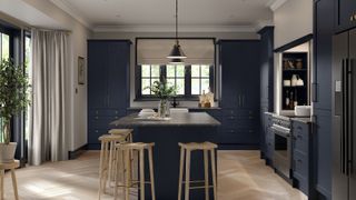 Kitchen with navy blue cabinetry