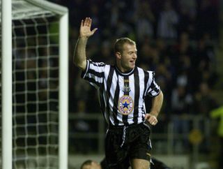 Newcastle striker Alan Shearer celebrates a goal