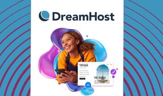 Dreamhost-logo mot en blå bakgrunn.