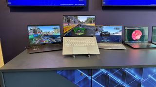 Intel Lunar Lake gaming demo, showing F1 on AMD, Intel, and Qualcomm laptops