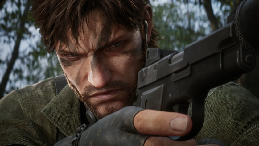Metal Gear Solid Delta: Snake Eater launch times release date - A close-up shot of Snake aiming with his pistol, squinting his eyes and scrunching his face.