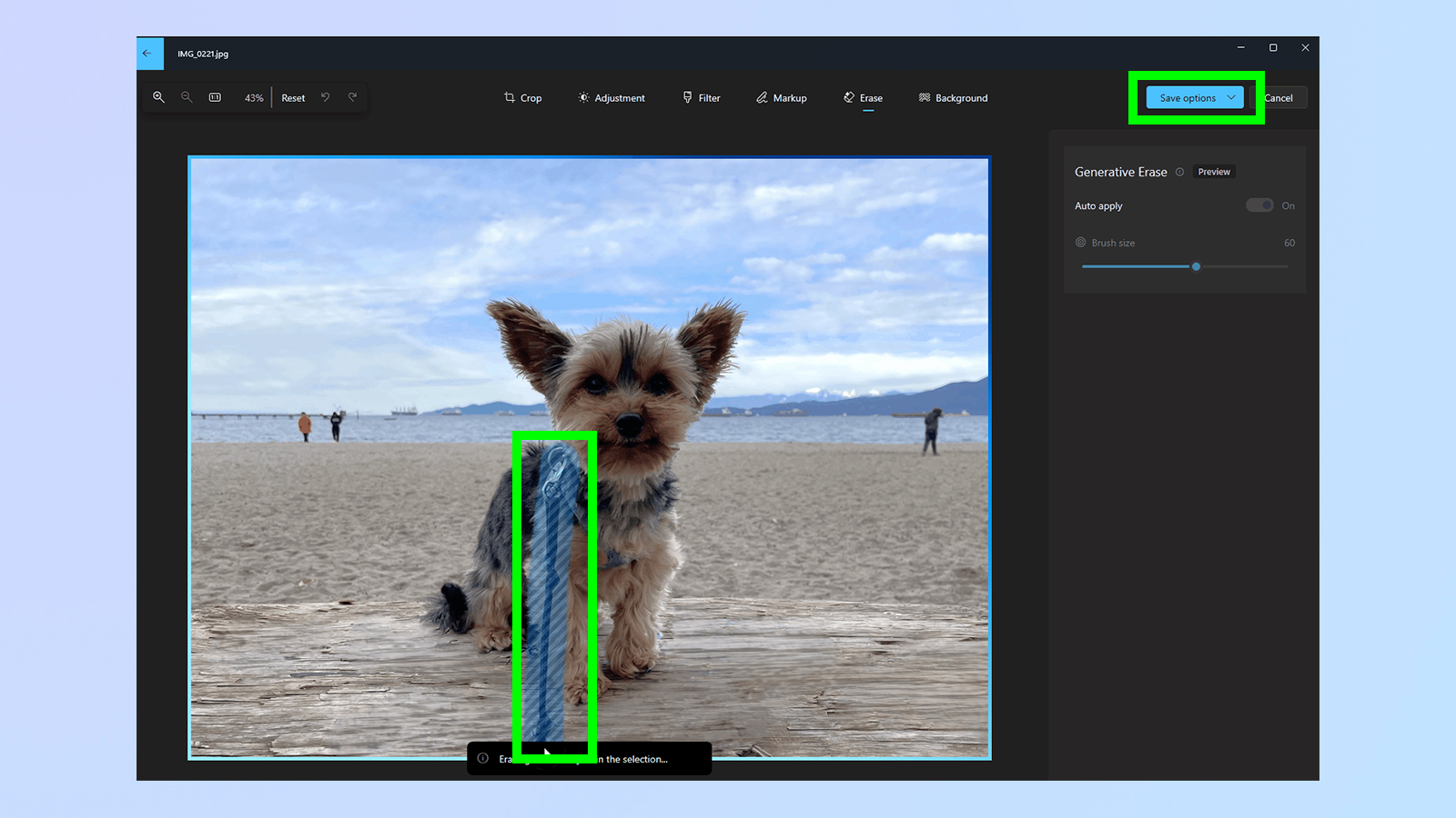 A screenshot showing how to use Generative erase in MS Photos