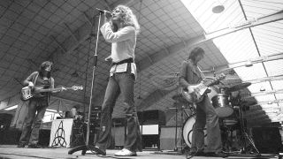 Led Zeppelin soundcheck on stage at Oude Rai on 27th May 1972 in Amsterdam, Netherlands. L-R Robet Plant, John Paul Jones, Jimmy Page and John Bonham.
