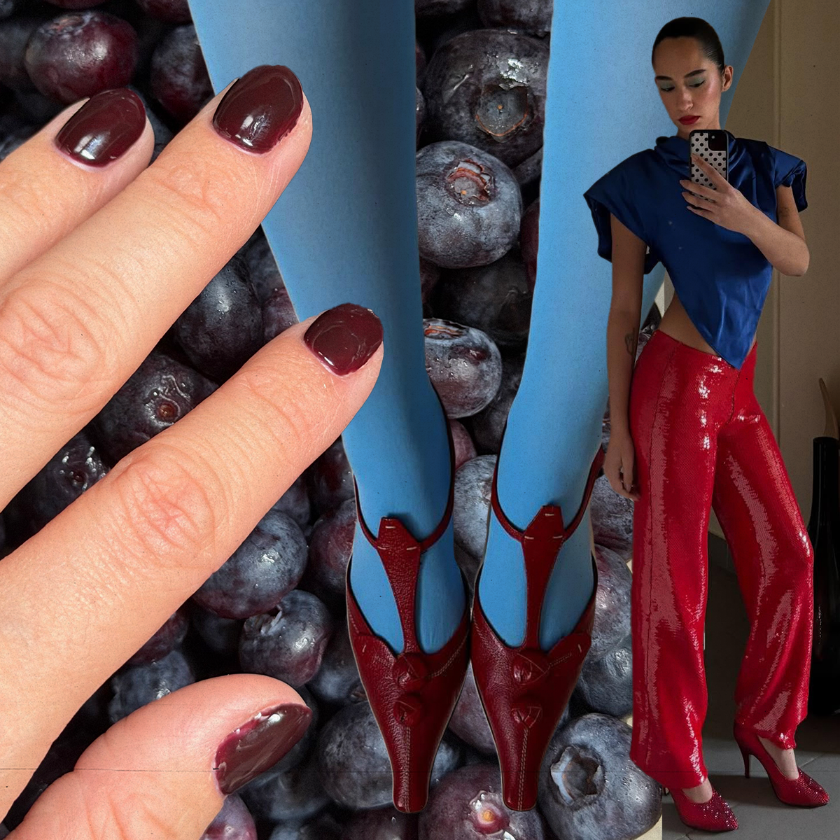 A collage of images from manciurists and fashion influencers in an array of berry tones.