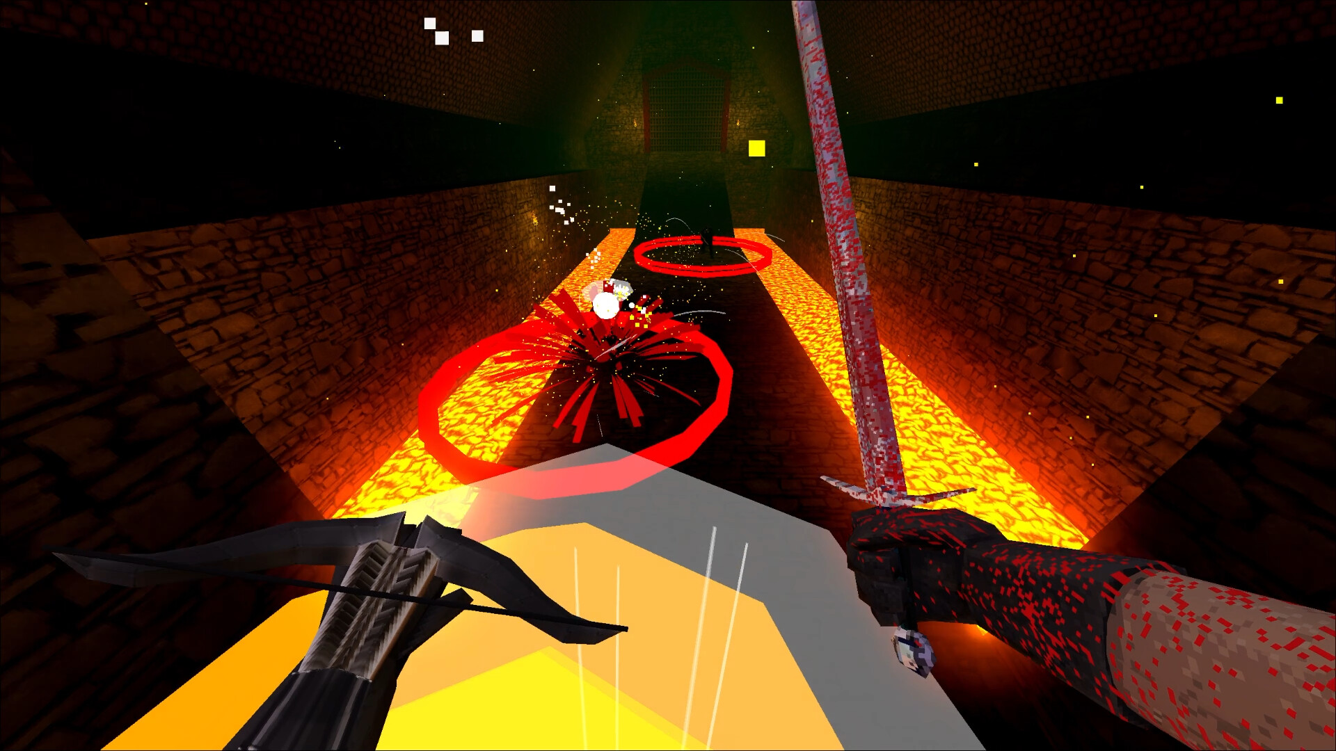 Bloodthief gameplay showing dual sword and crossbow high flying over bridge over lava