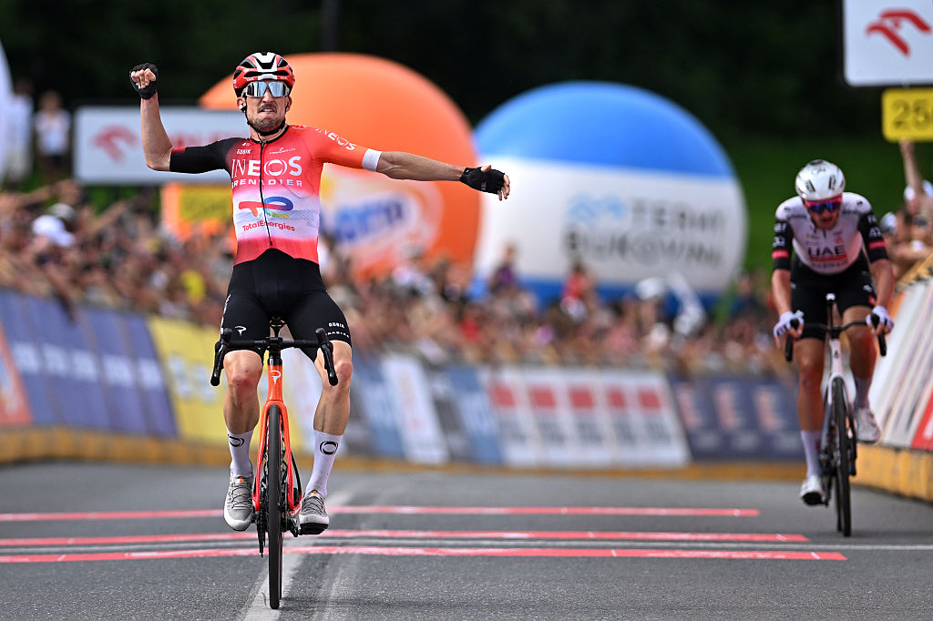 BUKOWINA TATRZANSKA, POLAND - AUGUST 09: (L-R) Victor Langellotti of Monaco and Team INEOS Grenadiers celebrates at finish line as stage winner ahead of Brandon McNulty of The United States and UAE Team Emirates - XRG during the 82nd Tour de Pologne 2025, Stage 6 a 147.5km stage from Bukowina Resort to Bukowina Tatrzanska 943m / #UCIWT / on August 09, 2025 in Bukowina Tatrzanska, Poland. (Photo by Luc Claessen/Getty Images)