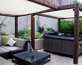 canopy over hot tub and seating area