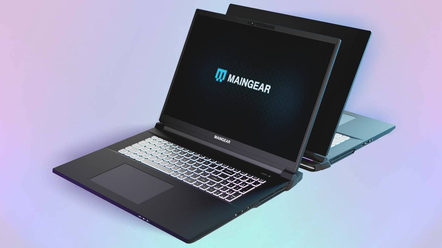 Maingear Ultima 18 gaming laptops on colored background