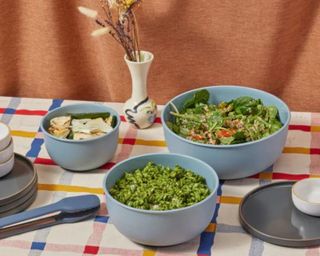 Better Bowl Set blue bowls filled with salad