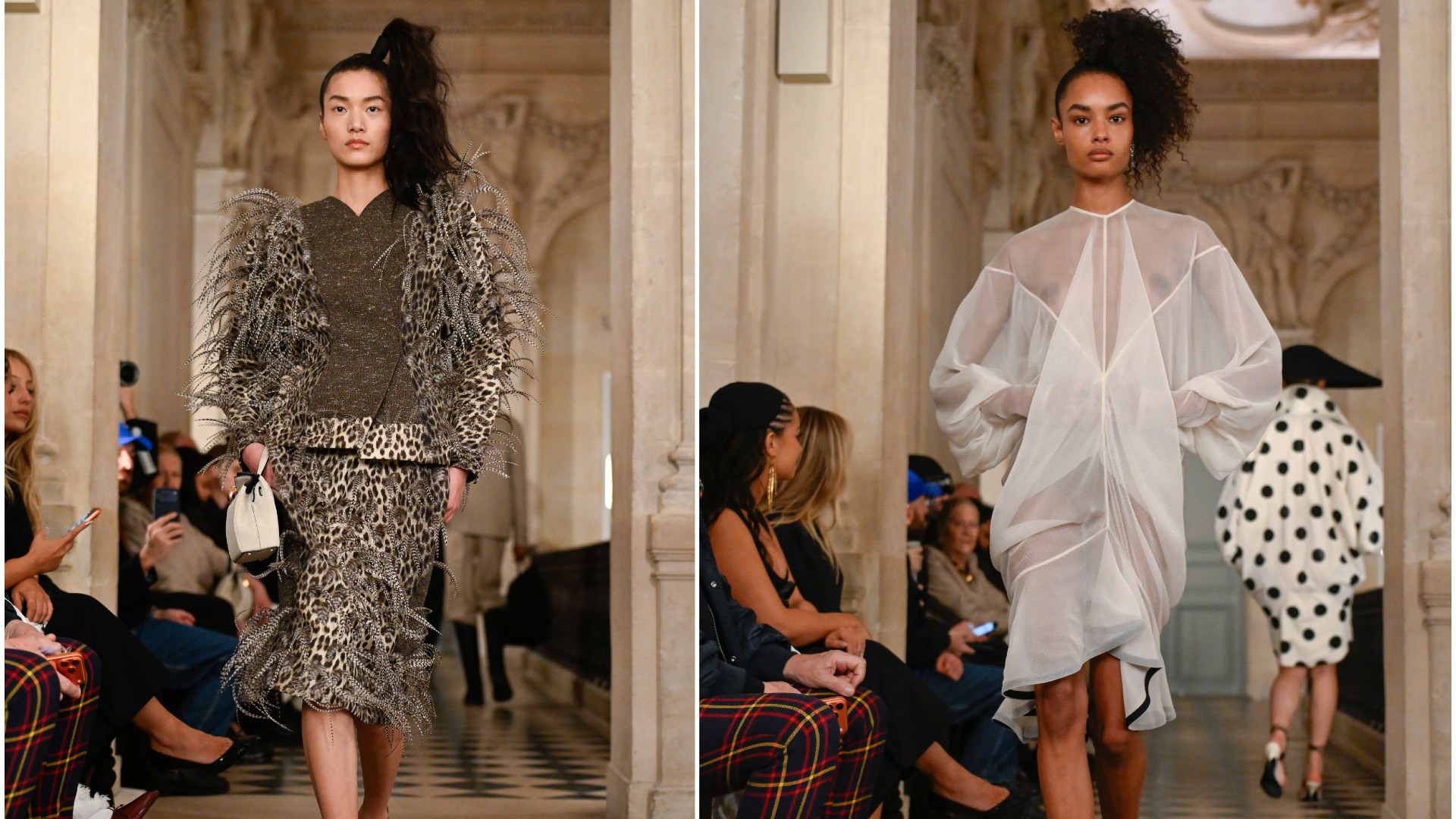 two models walk the runway wearing side ponytails