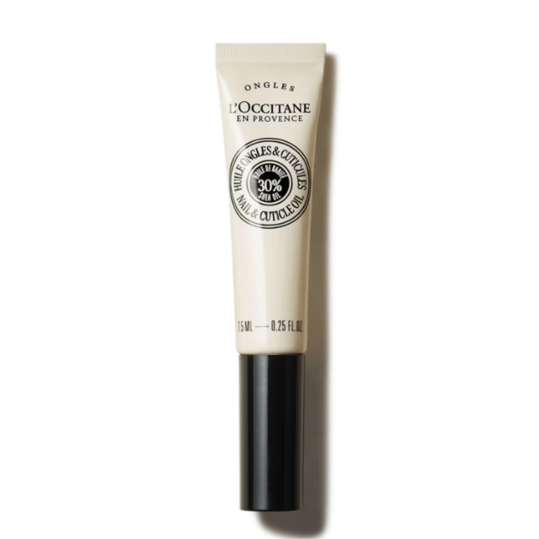A product shot of the L'Occitane Shea (Karit&amp;eacute;) Nail &amp;amp; Cuticle Oil, on white background