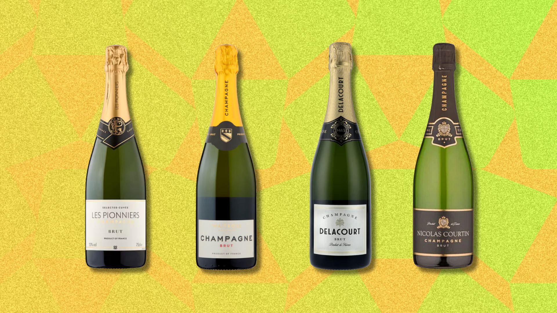 an image of four bottles of different supermarket champagnes against a yellow patterned backgroud