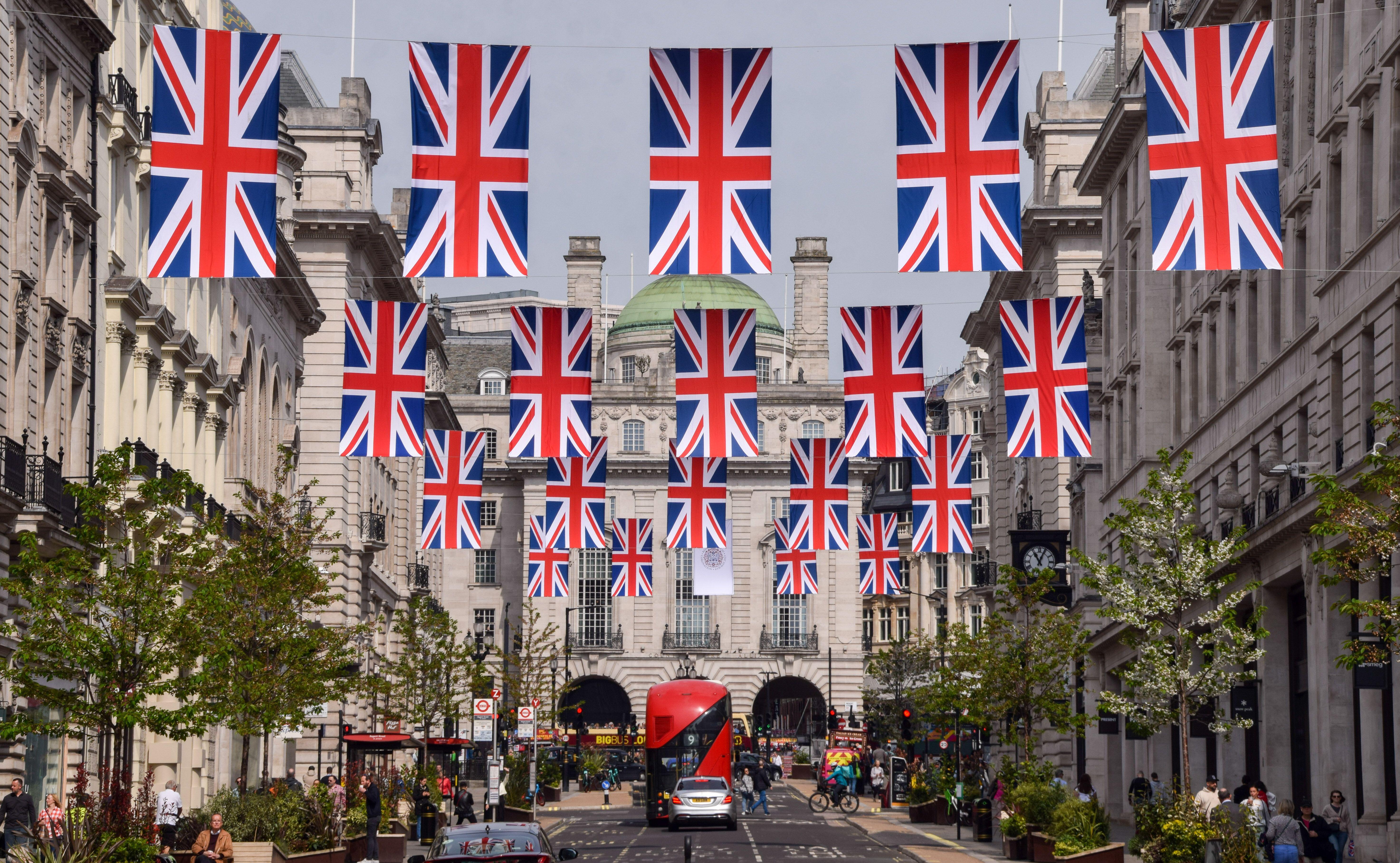 Union Jacks decorate Regent Street ahead of the coronation of Charles III