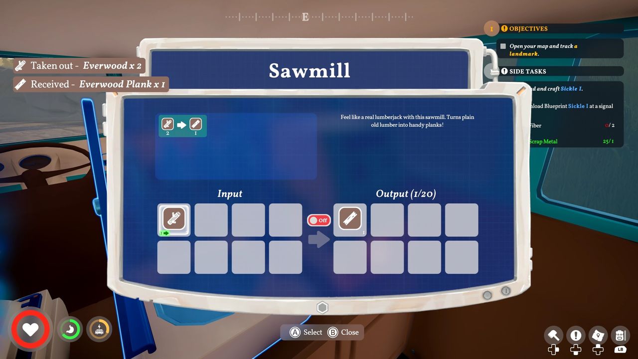 Outbound - Sawmill station shows you can convert 2 everwood logs into 1 everwood plank