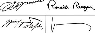 The signatures of Vladimir Putin (upper left) and William H Taft (lower left) would be hard to forge, whereas Ronald Reagan’s (upper right) and José Barroso’s (lower right) would be easier to copy successfully.