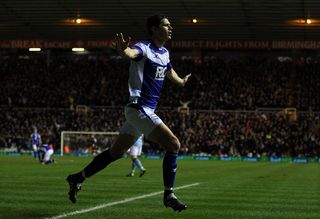 Nikola Zigic of Birmingham celebrates scoring their first goal during the Barclays premier league match between Birmingham City and Manchester City at St Andrews on February 2, 2011 in Birmingham, England.