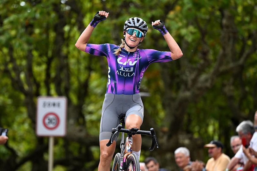 PRIVAS, FRANCE - SEPTEMBER 14: (EDITOR&#039;S NOTE: Alternate crop) Monica Trinca Colonel of Italy and Team Liv AlUla Jayco celebrates at finish line as stage winner during the 23rd Tour Cycliste Feminin International de l&#039;Ardeche 2025, Stage 6 a 100km stage from Beauchastel to Privas on September 14, 2025 in Privas, France. (Photo by Florian Frison - Pool/Getty Images)
