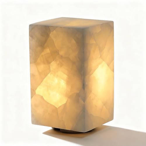 Artsolute Natural Calcite Stone Table Lamp, Handcrafted Solid Stone Lamp With Unique Crystal Texture, Dimmable 3-Color Led, Modern Decorative Lamp for Bedroom Living Room-Cuboid White