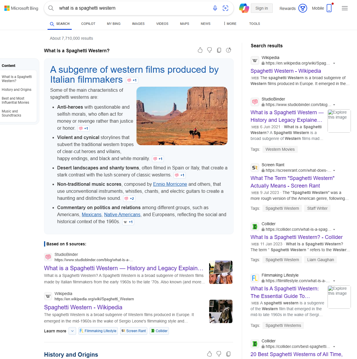 A screenshot showing a test page with Bing AI search results