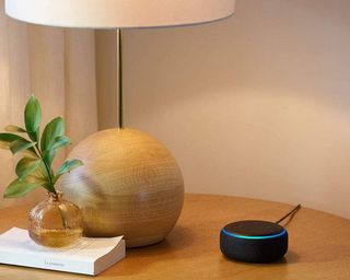 Amazon Echo Dot (3rd Gen) on light wood side table beside lamp and small plant