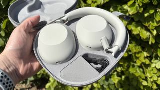 Sony WH1000XM6 wireless headphones in Silver in their carry case in front of a green bush