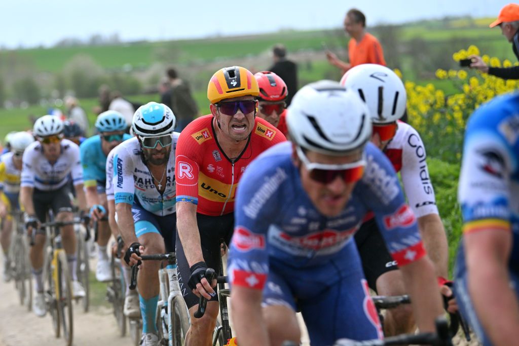 ROUBAIX FRANCE APRIL 07 Alexander Kristoff of Norway and Team UnoX Mobility competes passing through the Capelle Ruesnes cobblestones sector during the 121st ParisRoubaix 2024 a 2597km one day race from Compiegne to Roubaix UCIWT on April 07 2024 in Roubaix France Photo by Luc ClaessenGetty Images