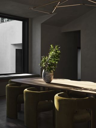 A dining room with dark gray walls, and olive green dining chairs