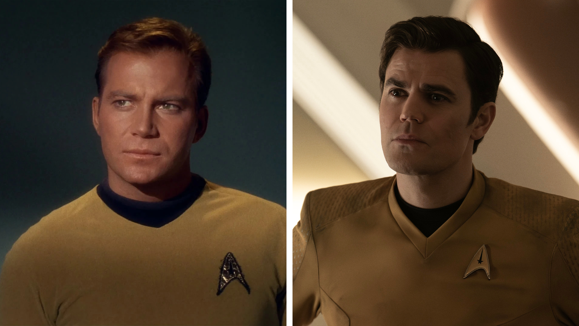 Split image showing William Shatner (Left) and Paul Wesley (Right), who played James T Kirk in Star Trek: The Original Series and Star Trek: Strange New Worlds, respectively.