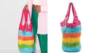 composite of flat lay and model holding JW Anderson striped knitted shopper