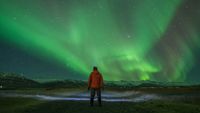A man stands watching the Northern Lights