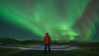 A man stands watching the Northern Lights