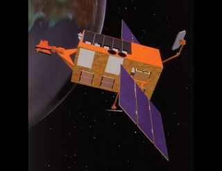 NASA's Rossi X-ray Timing Explorer satellite, shown here in an old artist's illustration, fell to Earth on April 30, 2018, burning up in the atmosphere. The satellite launched in 1995 and was decommissioned in 2012.