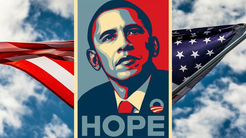 Shepard Fairey Barrack Obama Hope poster with the US flag in the background