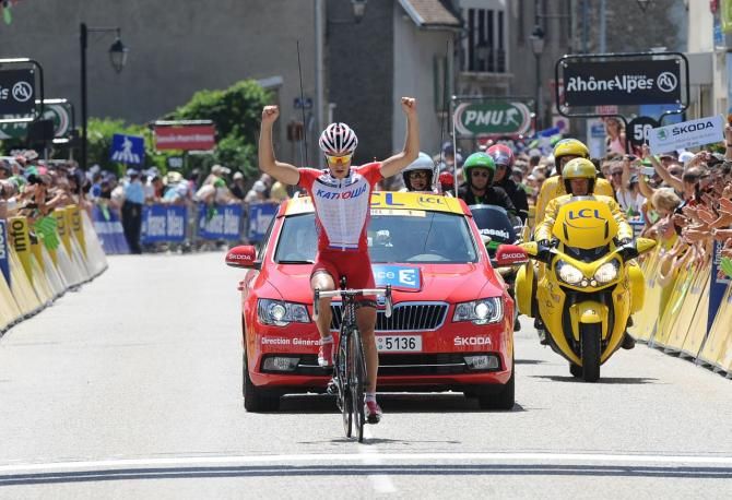 Simon Spilak (Katusha) celebrates his win at the Criterium du Dauphine