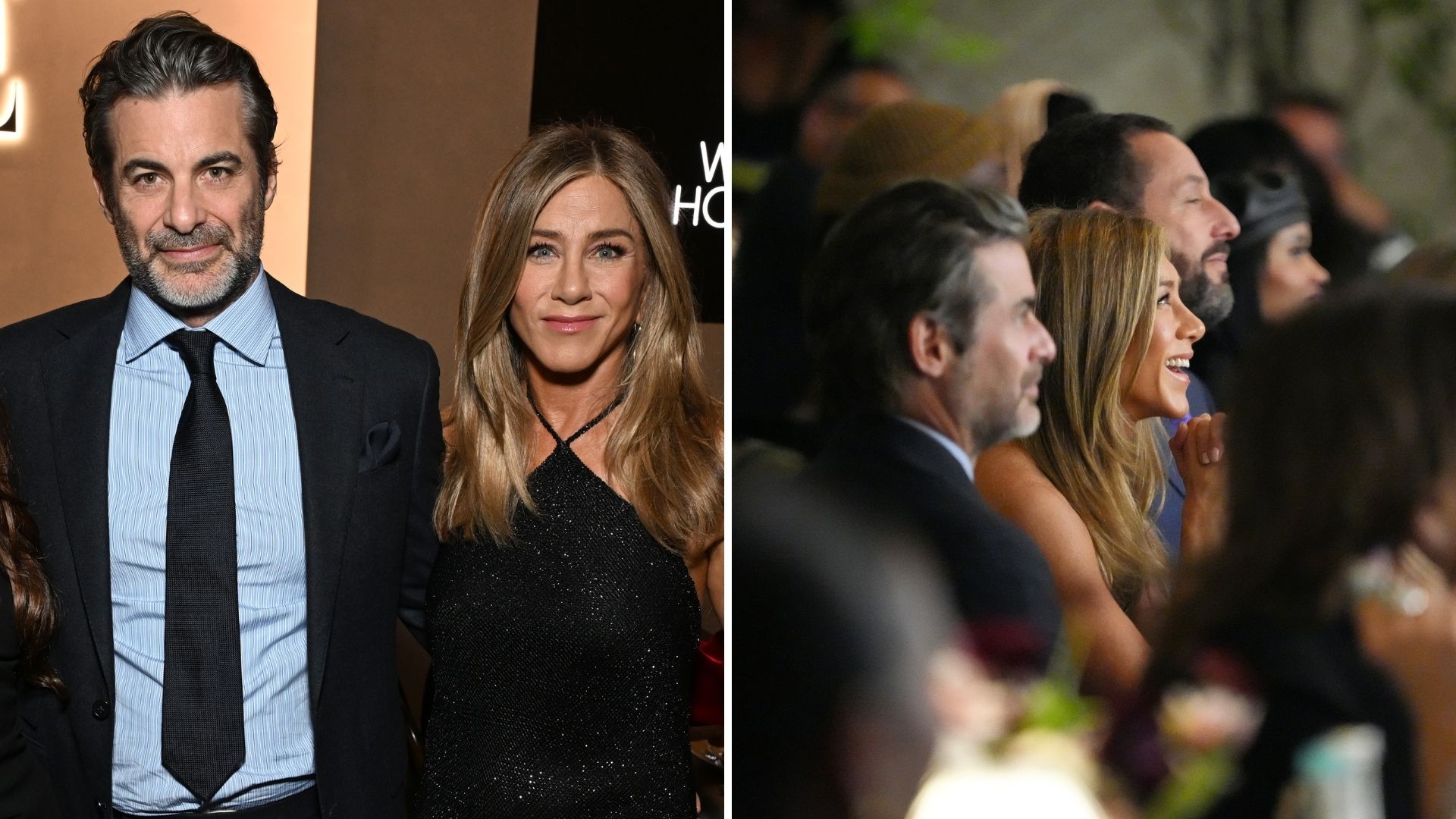 Two images of Jennifer Aniston and Jim Curtis at Elle's 2025 Women in Hollywood celebration