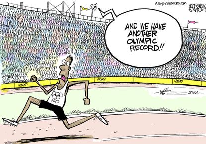 Editorial cartoon World Olympics running record Zika mosquito