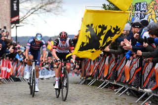 Mathieu van der Poel and Tadej Pogačar battle on the Paterberg at the 2022 Tour of Flanders