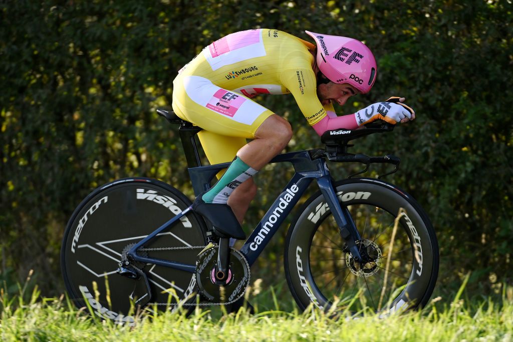PETANGE LUXEMBOURG SEPTEMBER 23 Ben Healy of Ireland and Team EF EducationEasyPost Yellow leader jersey sprints during the 83rd Skoda Tour Luxembourg 2023 Stage 4 a 239km individual time trial from Ptange to Ptange on September 23 2023 in Petange Luxembourg Photo by Tim de WaeleGetty Images