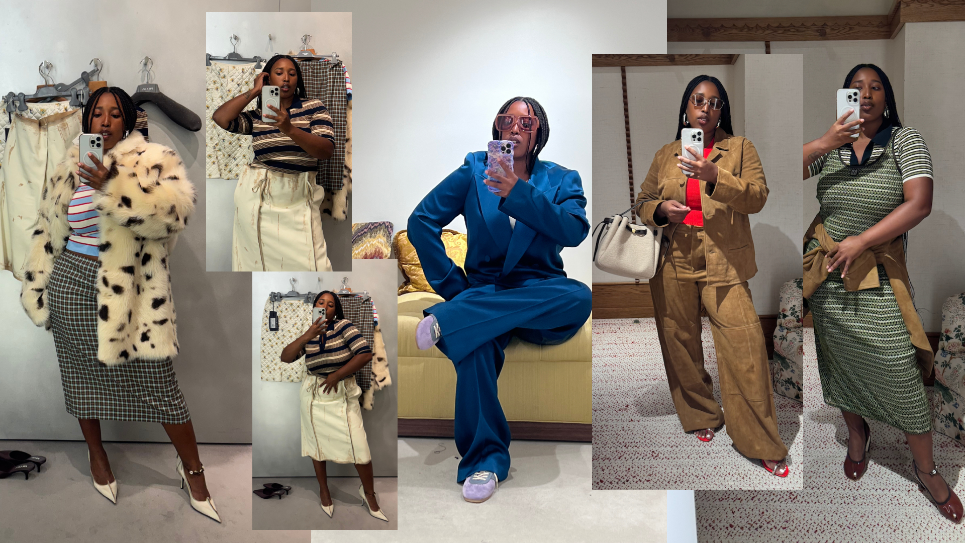 a collage of Mecca James-Williams in fall 2025 pieces from Prada, Tory Burch, and Dries Van Noten