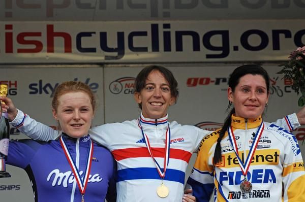 Elite women's British 'cross podium: Winner Helen Wyman with Nikki Harris (right) and Annie Last (left)