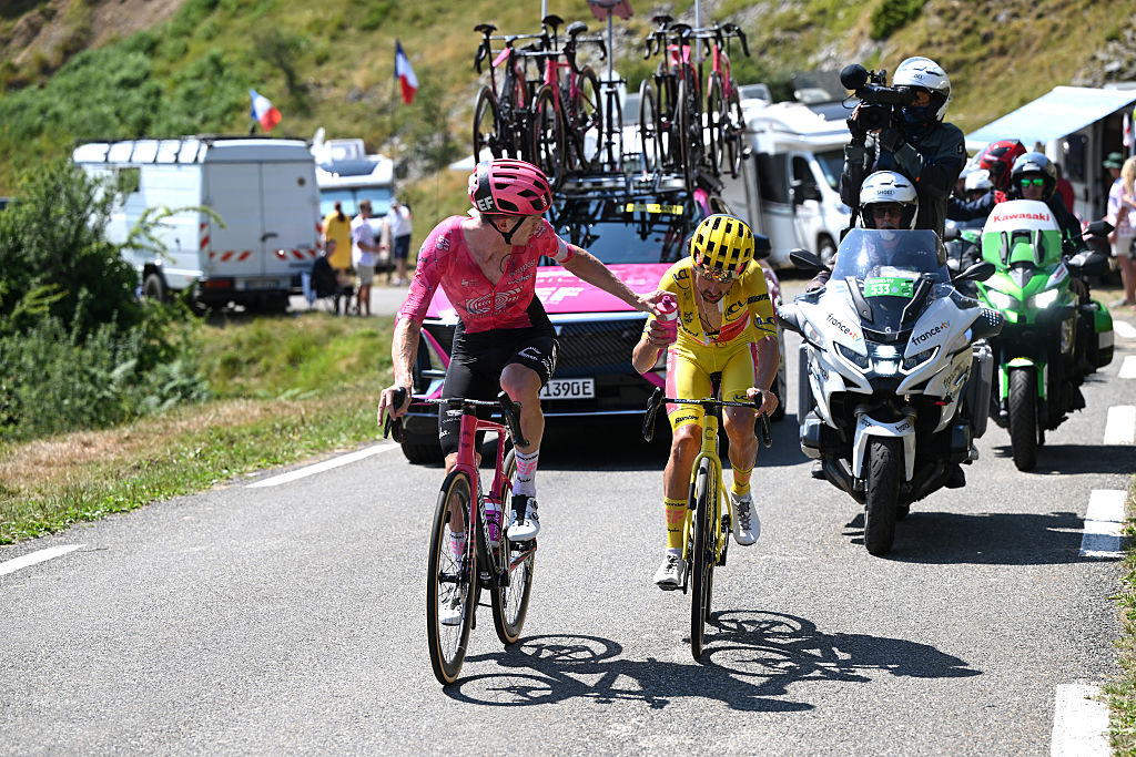 HAUTACAM, FRANCE - JULY 17: (L-R) Harry Sweeny of Australia and Ben Healy of Ireland and Team EF Education - EasyPost - Yellow leader jersey compete during the 112th Tour de France 2025, Stage 12 a 180.6km stage from Auch to Hautacam 1519m / #UCIWT / on July 17, 2025 in Hautacam, France. (Photo by Dario Belingheri/Getty Images)