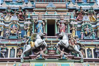 The front of Sri Mahamariamman Temple in Kuala Lumpur covered with Hindu gods