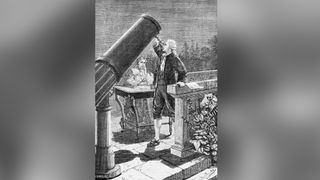 Astronomer William Herschel (1738-1822), who discovered the planet Uranus, observes the sky with his sister, Caroline Lucretia (1750-1848).
