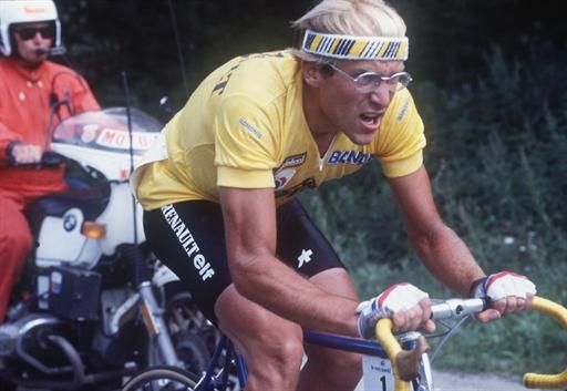 Laurent Fignon in yellow at the 1984 Tour de France, en route to his second straight Tour victory.