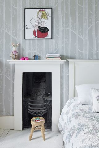 children's bedroom with silver forest wallpaper
