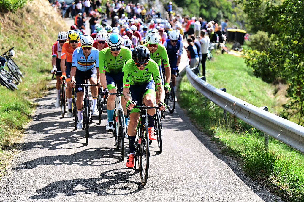 GUILHERAND-GRANGES, FRANCE - OCTOBER 05: Mihael Stajnar and Team Slovenia with teammates lead the peloton during the 31st UEC Road Cycling European Championships 2025 - Men&amp;amp;apos;s Elite Road Race a 202.5km race from Privas to Guilherand-Granges on October 05, 2025 in Guilherand-Granges, France. (Photo by Billy Ceusters/Getty Images)