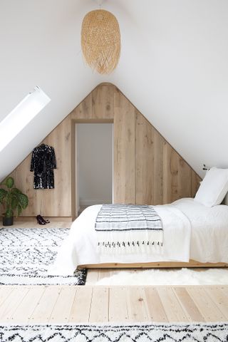 Laura Stubbs house: Scandi-style bedroom with MDF floor-to-ceiling wardrobes