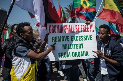 Oromo protesters in South Africa critique the massive deployment of police in Ethiopia's restive Oromo and Amhara regions 