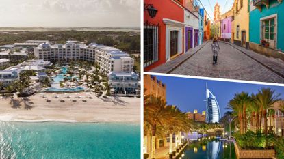 Beaches resort in Turks and Caicos alongside images of Dubai and Mexico